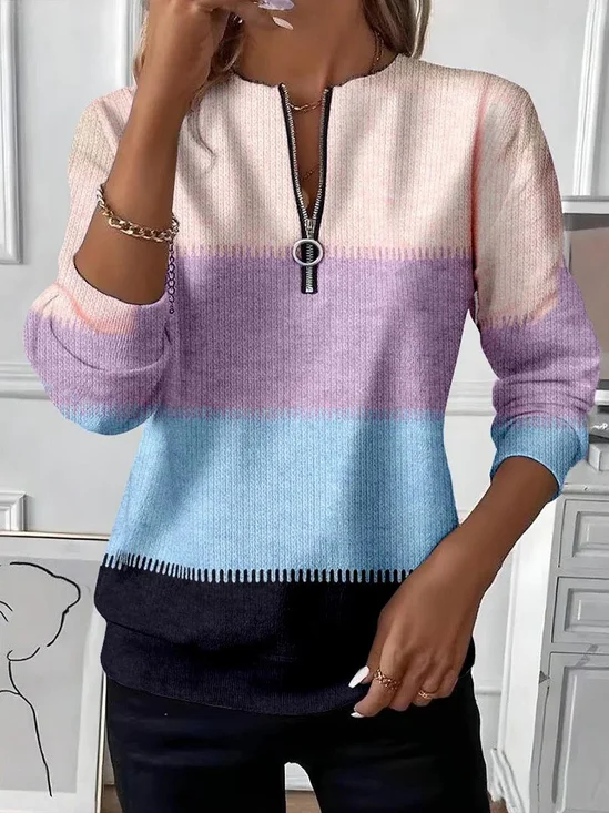 Women Multicolor Block Crew Neck Printing Casual Spring/Fall Long Sleeve Sweatshirt