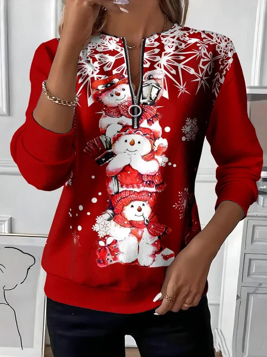 Women Christmas Snowman Crew Neck Printing Casual Spring/Fall Long Sleeve Sweatshirt