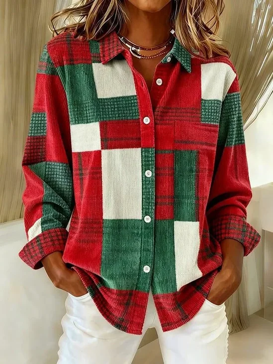 Women Christmas Long Sleeve Shirt Spring/Fall Buckle Shirt Collar Regular Sleeve Daily Casual Top