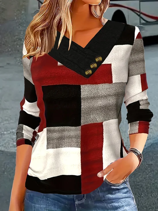 Women Abstract Long Sleeve Tee T-shirt Cross Neck Printing Casual Spring/Fall Top