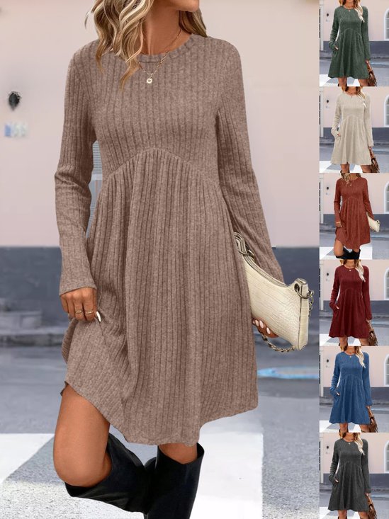 Women Plain Long Sleeve Spring/Fall Split Joint Dress Crew Neck Daily Casual Mini Tank A-Line Dress