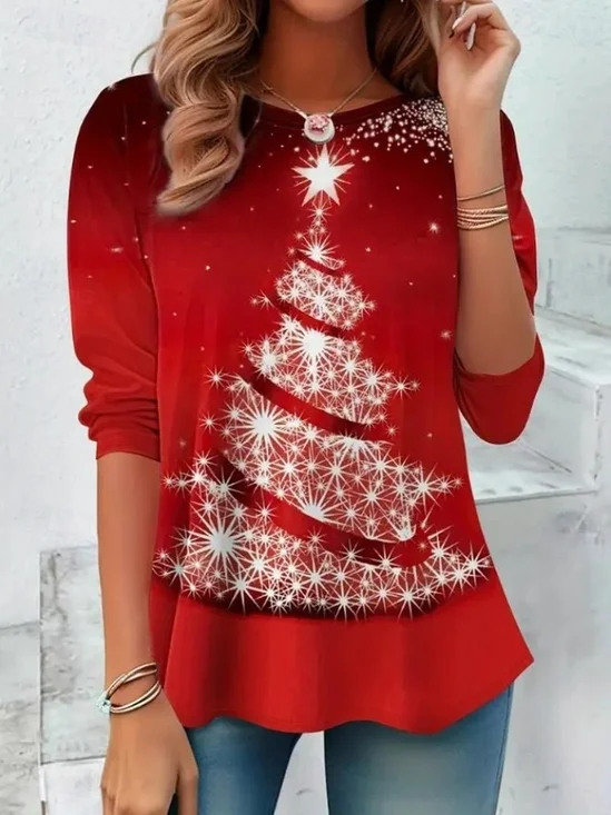 Women Christmas Long Sleeve Tee T-shirt Crew Neck Casual Spring/Fall Tunic Top
