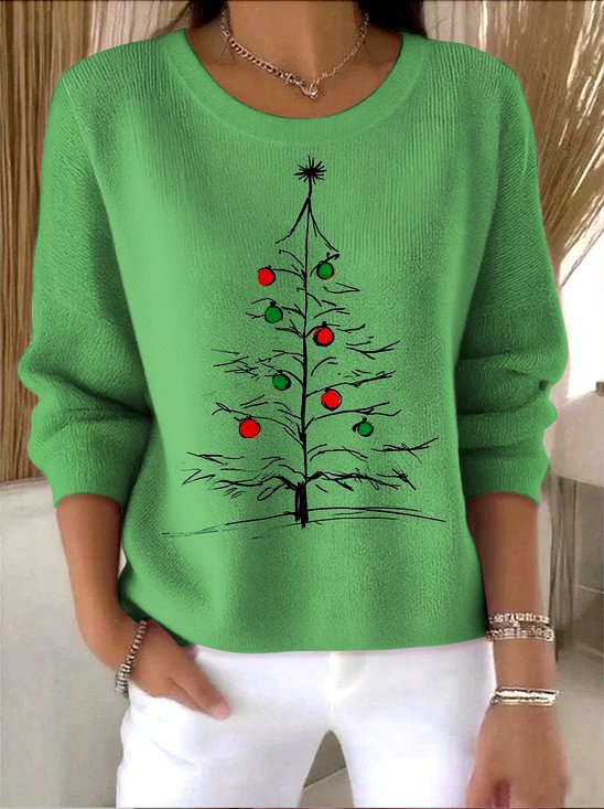 Women Christmas Spring/Fall Vintage Long Sleeve Crew Neck Cotton Sweater