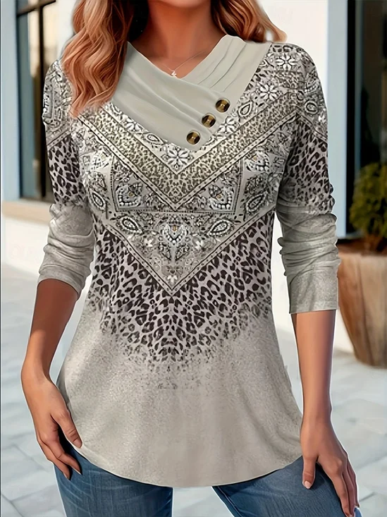 Women Abstract Long Sleeve Tee T-shirt Cross Neck Printing Casual Spring/Fall Top