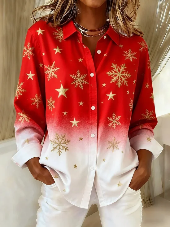 Women Christmas Long Sleeve Shirt Spring/Fall Buckle Shirt Collar Regular Sleeve Daily Casual Top