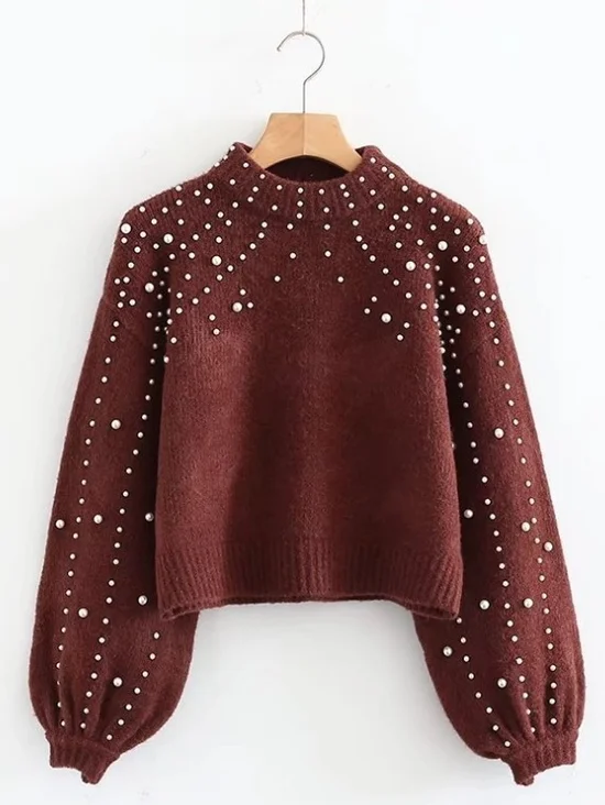 Women Plain Beaded Winter Street Balloon Sleeve Long Sleeve Mock Neck Cotton-Blend Sweater