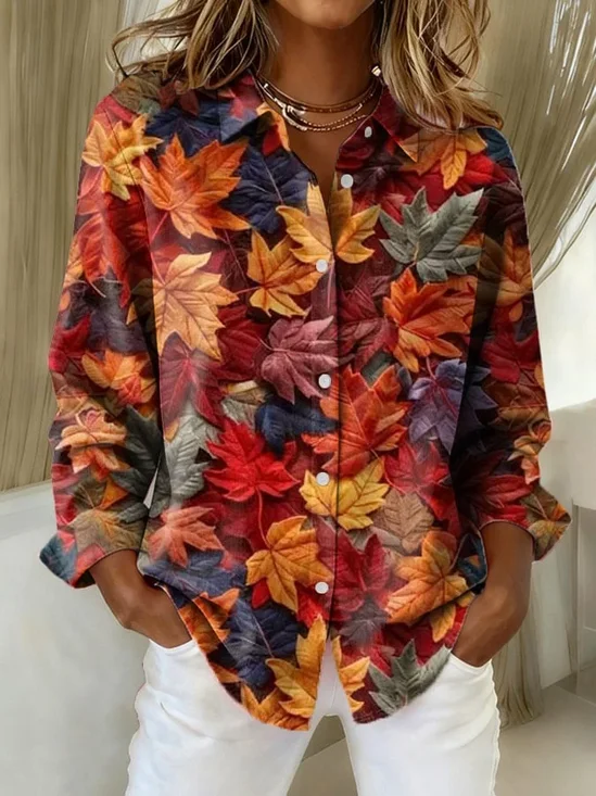 Women Maple Leaf Long Sleeve Shirt Spring/Fall Buckle Shirt Collar Regular Sleeve Daily Casual Top