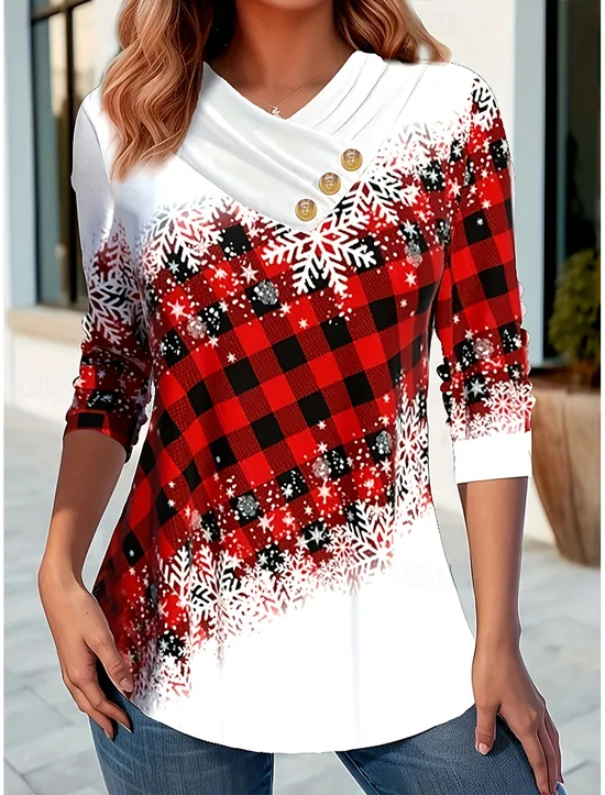 Women Plaid Long Sleeve Tee T-shirt Cross Neck Printing Casual Spring/Fall Top