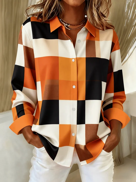 Women Abstract Long Sleeve Shirt Spring/Fall Buckle Shirt Collar Regular Sleeve Daily Casual Top