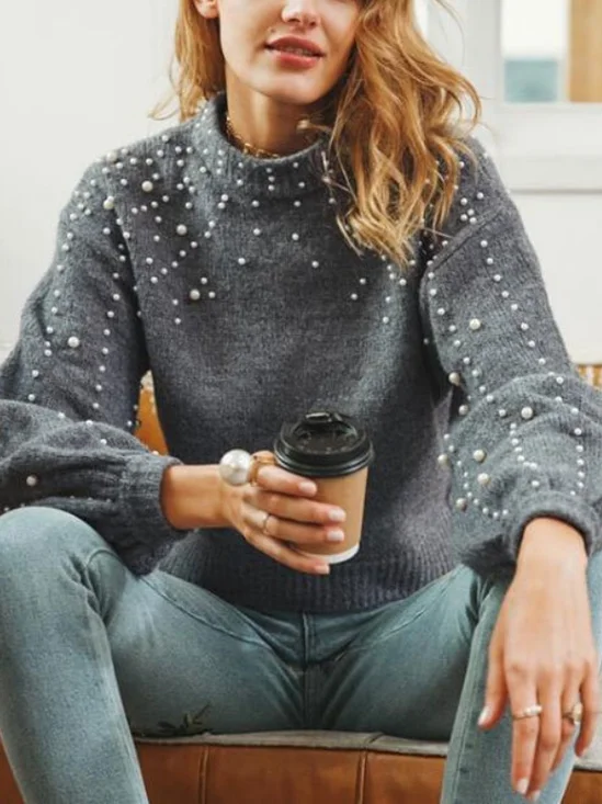 Women Plain Beaded Winter Street Balloon Sleeve Long Sleeve Mock Neck Cotton-Blend Sweater