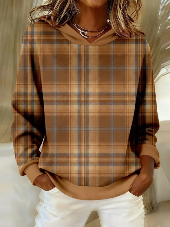 Women Plaid Spring/Fall Printing Long Sleeve Casual Daily Hoodie