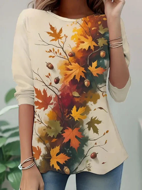 Women Maple Leaf Long Sleeve Tee T-shirt Crew Neck Casual Spring/Fall Tunic Top