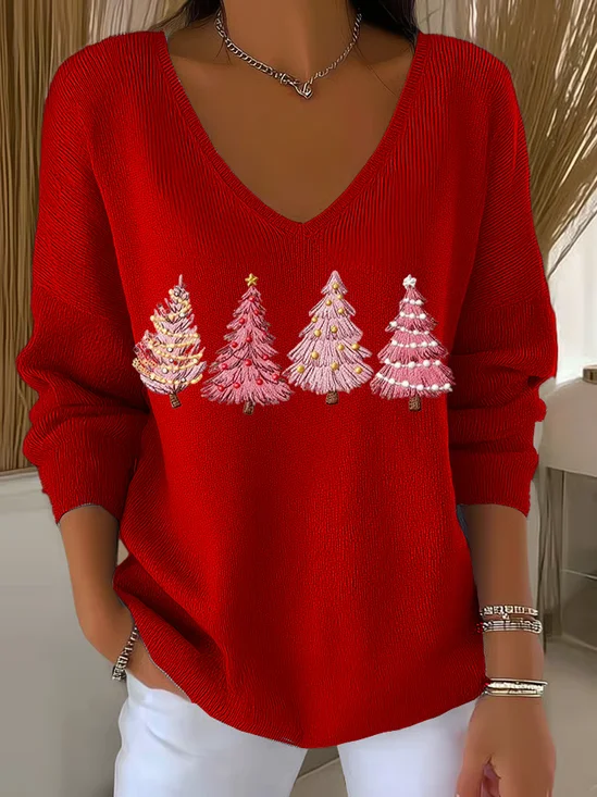 Women Christmas Long Sleeve Tee T-shirt V Neck Printing Casual Spring/Fall Top
