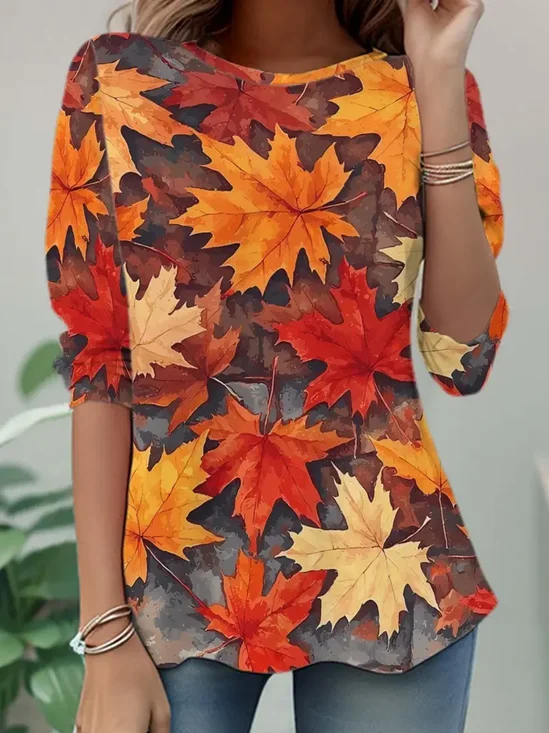 Women Maple Leaf Long Sleeve Tee T-shirt Crew Neck Casual Spring/Fall Tunic Top