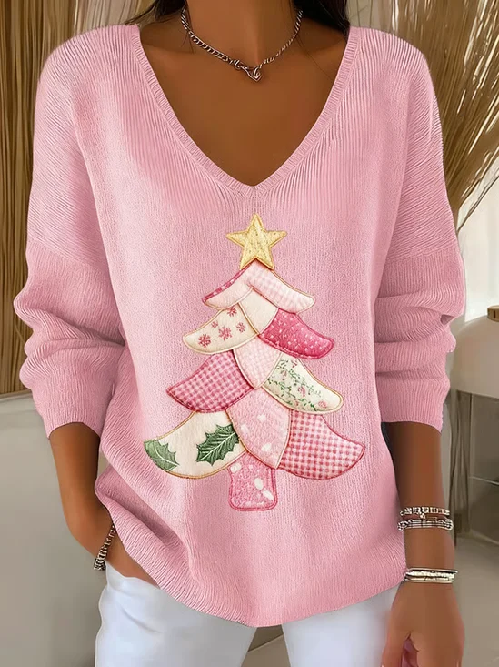 Women Christmas Long Sleeve Tee T-shirt V Neck Printing Casual Spring/Fall Top