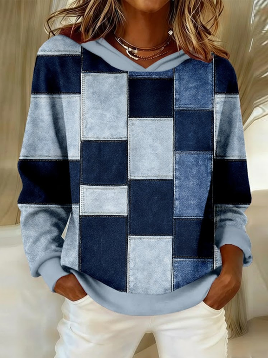 Women Abstract Plaid Spring/Fall Printing Long Sleeve Casual Daily Hoodie