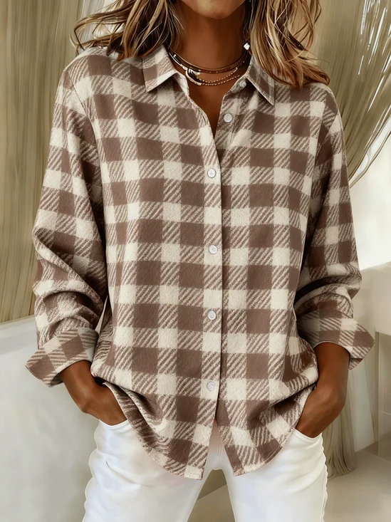Women Plaid Long Sleeve Shirt Spring/Fall Buckle Shirt Collar Regular Sleeve Daily Casual Top