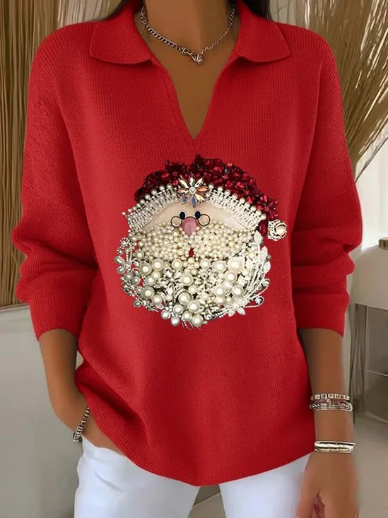 Women Santa Claus Printing Spring/Fall Casual Long Sleeve Shawl Collar Sweater