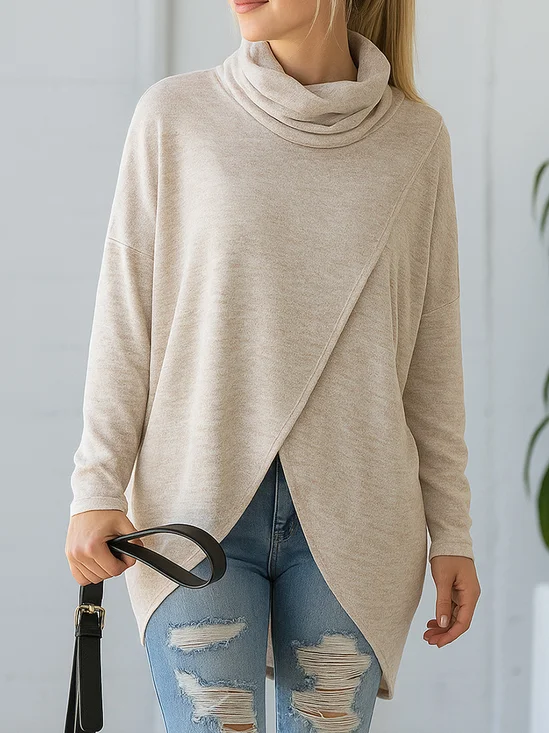 Women Plain Long Sleeve Tee T-shirt Mock Neck Asymmetric Casual Spring/Fall Top