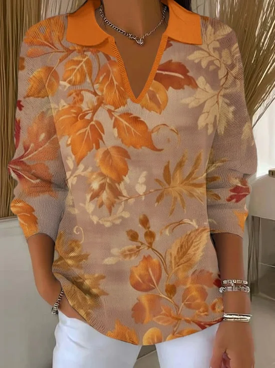 Women Maple Leaf Printing Spring/Fall Casual Long Sleeve Shawl Collar Sweater