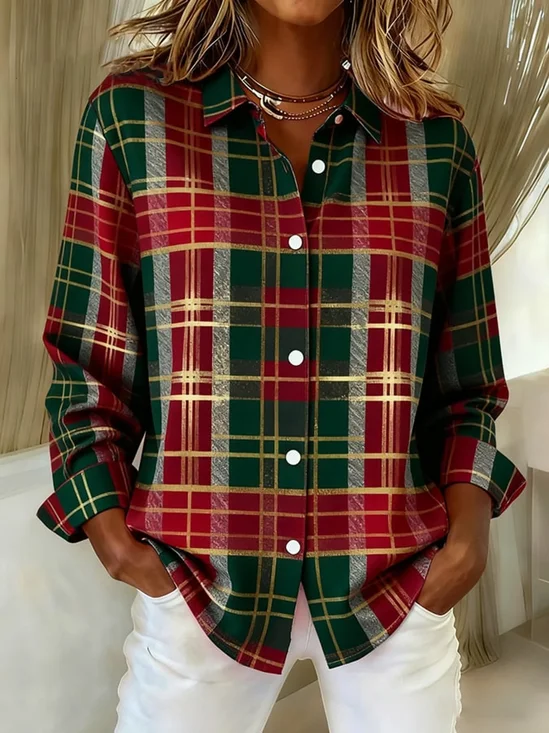 Women Plaid Long Sleeve Shirt Spring/Fall Buckle Shirt Collar Regular Sleeve Daily Casual Top