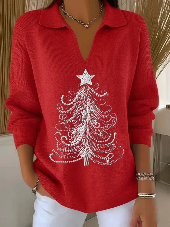 Women Christmas Printing Spring/Fall Casual Long Sleeve Shawl Collar Sweater