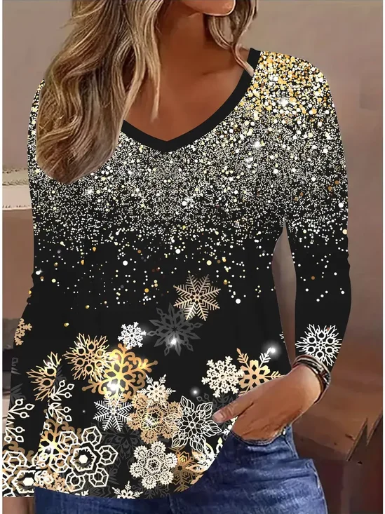 Women Christmas Long Sleeve Tee T-shirt V Neck Printing Casual Spring/Fall Graphic Tee Top