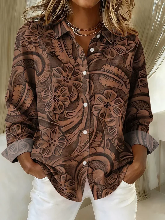 Women Floral Long Sleeve Shirt Spring/Fall Buckle Shirt Collar Regular Sleeve Daily Casual Top