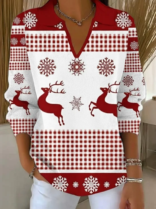 Women Christmas Printing Spring/Fall Casual Long Sleeve Shawl Collar Sweater