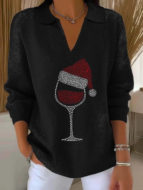Women Christmas Printing Spring/Fall Casual Long Sleeve Shawl Collar Sweater