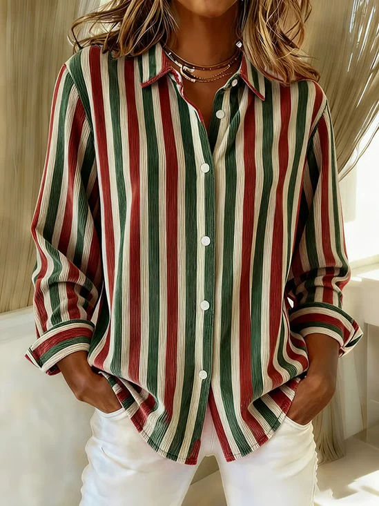 Women Striped Long Sleeve Shirt Spring/Fall Buckle Shirt Collar Regular Sleeve Daily Casual Top