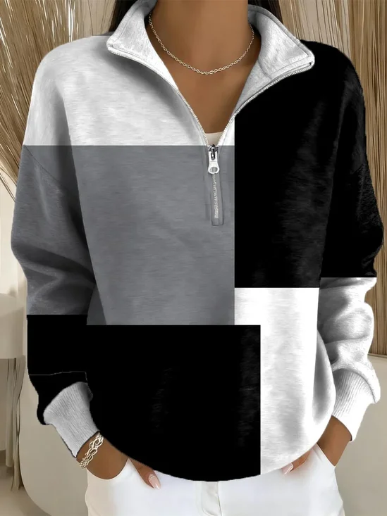 Women Multicolor Block Shawl Collar Printing Casual Spring/Fall Long Sleeve Sweatshirt