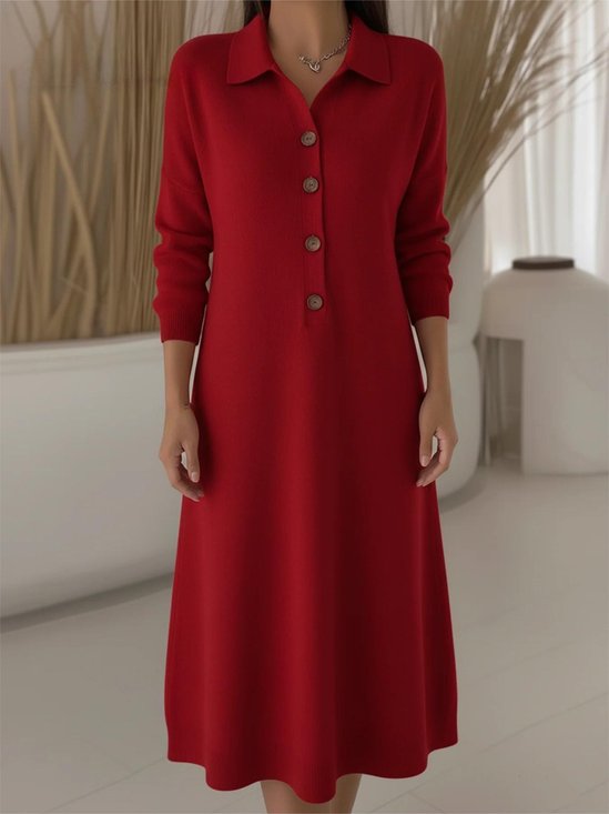 Women Plain Long Sleeve Autumn Dress Shawl Collar Daily Casual Maxi H-Line Dress
