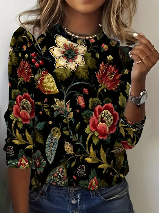 Women Floral Long Sleeve Tee T-shirt Crew Neck Printing Casual Spring/Fall Graphic Tee Top