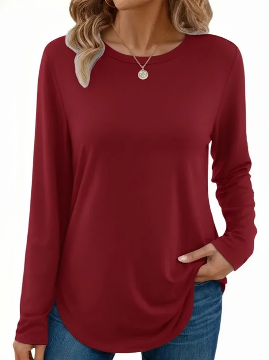 Women Plain Color Long Sleeve Tee T-shirt Crew Neck Printing Casual Spring/Fall Graphic Tee Top