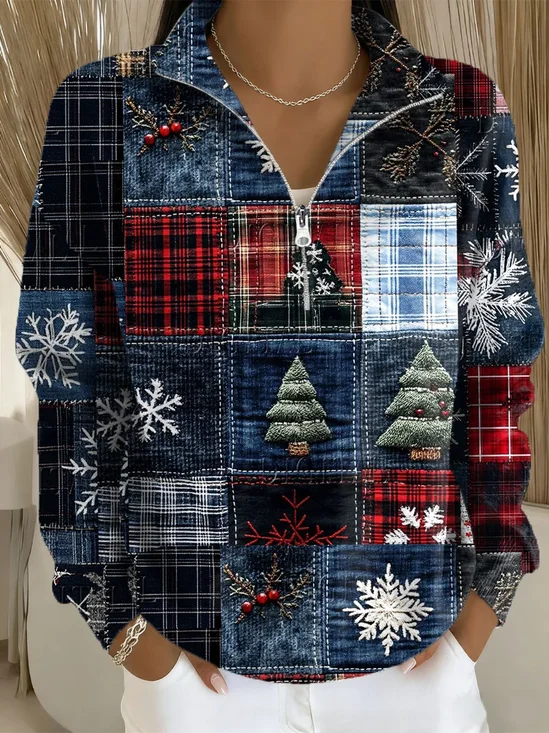 Women Christmas Shawl Collar Printing Casual Spring/Fall Long Sleeve Sweatshirt
