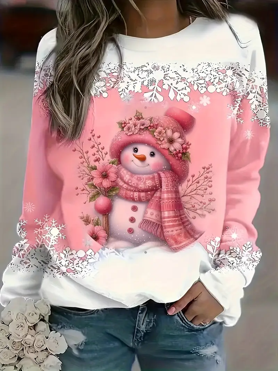 Women Christmas Snowman Long Sleeve Tee T-shirt Crew Neck Printing Casual Spring/Fall Graphic Tee Top