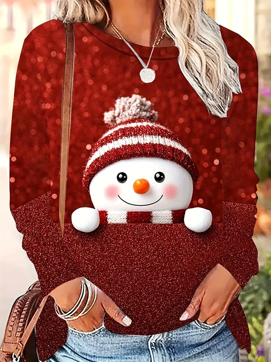 Women Christmas Snowman Long Sleeve Tee T-shirt Crew Neck Printing Casual Spring/Fall Graphic Tee Top