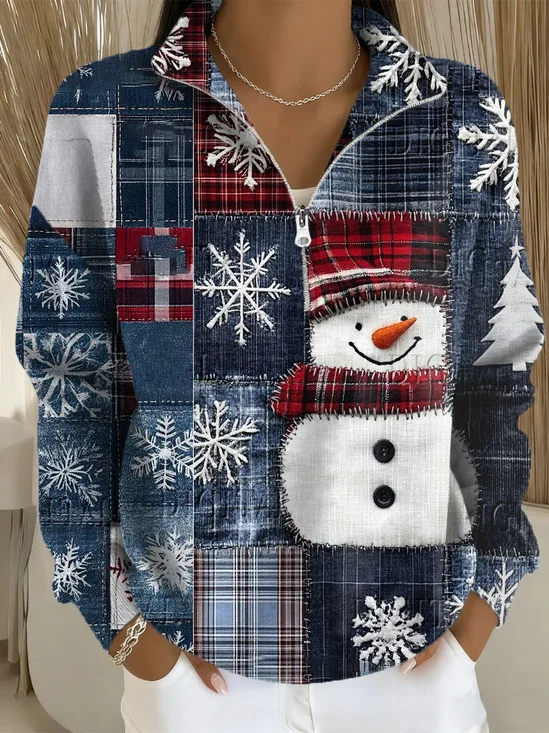 Women Christmas Snowman Shawl Collar Printing Casual Spring/Fall Long Sleeve Sweatshirt