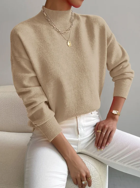 Women Plain Split Joint Winter Street Long Sleeve Mock Neck Sweater