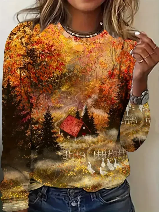 Women Maple Leaf Long Sleeve Tee T-shirt Crew Neck Printing Casual Spring/Fall Graphic Tee Top