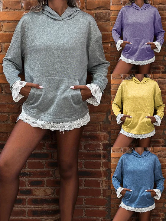 Women Plain Hoodie Split Joint Vintage Spring/Fall Long Sleeve Sweatshirt