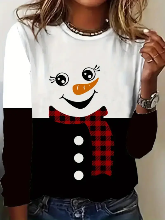 Women Christmas Snowman Long Sleeve Tee T-shirt Crew Neck Printing Casual Spring/Fall Graphic Tee Top