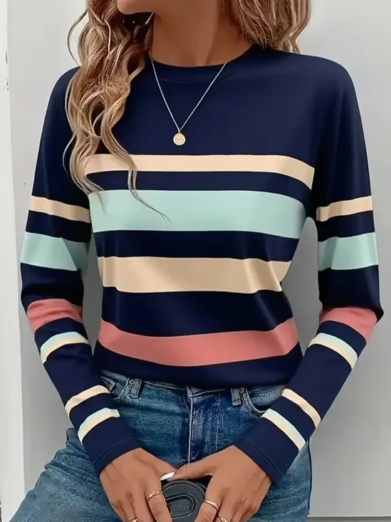 Women Striped Long Sleeve Tee T-shirt Crew Neck Printing Casual Spring/Fall Graphic Tee Top