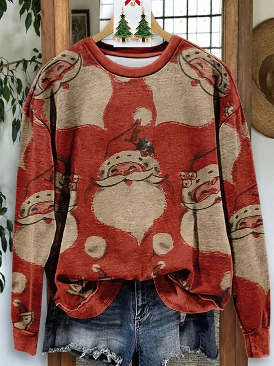 Women Santa Claus Crew Neck Printing Casual Spring/Fall Long Sleeve Sweatshirt