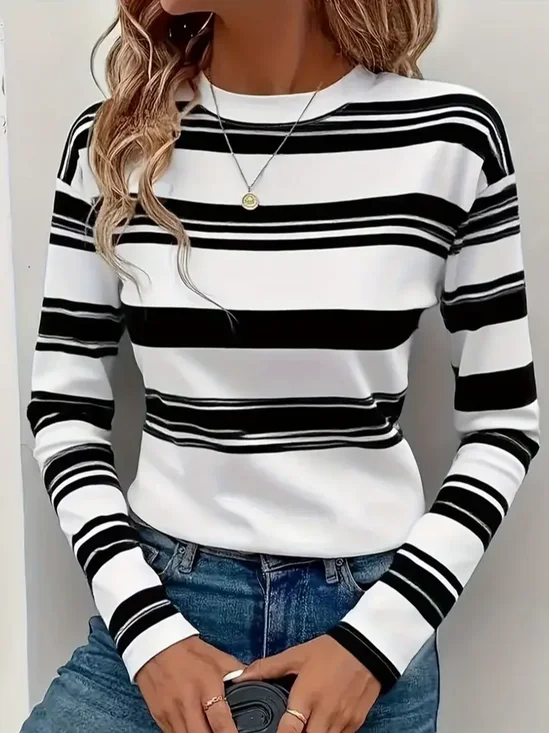Women Striped Long Sleeve Tee T-shirt Crew Neck Printing Casual Spring/Fall Graphic Tee Top
