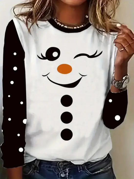 Women Christmas Snowman Long Sleeve Tee T-shirt Crew Neck Printing Casual Spring/Fall Graphic Tee Top