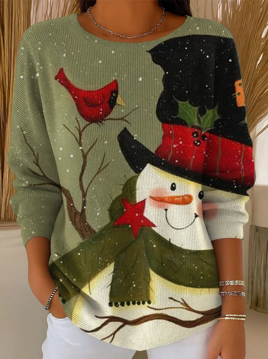 Women Christmas Snowman Printing Spring/Fall Casual Long Sleeve Crew Neck Sweater