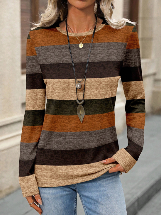 Women Multicolor Block Long Sleeve Tee T-shirt Crew Neck Printing Casual Spring/Fall Graphic Tee Top