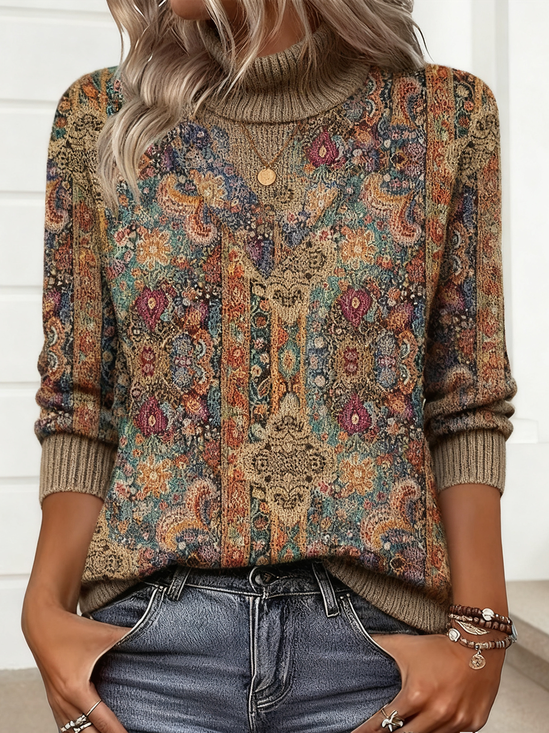 Women Geometric Winter Vintage Long Sleeve Turtleneck Sweater